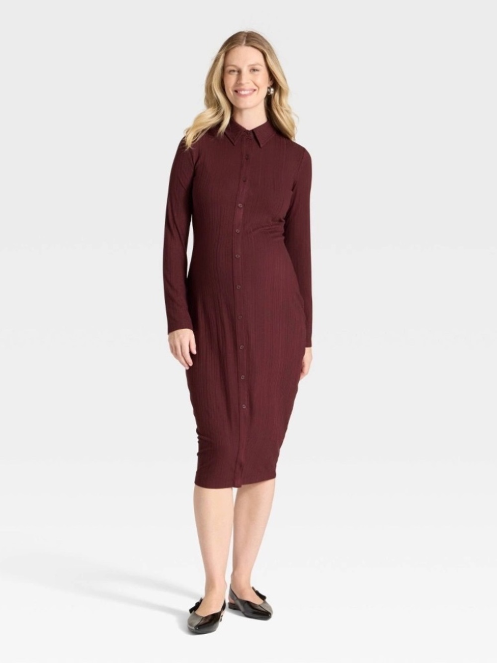 Long Sleeve Ribbed MIDI Maternity a-Line Dress - Isabel Maternity by Ingrid & Is